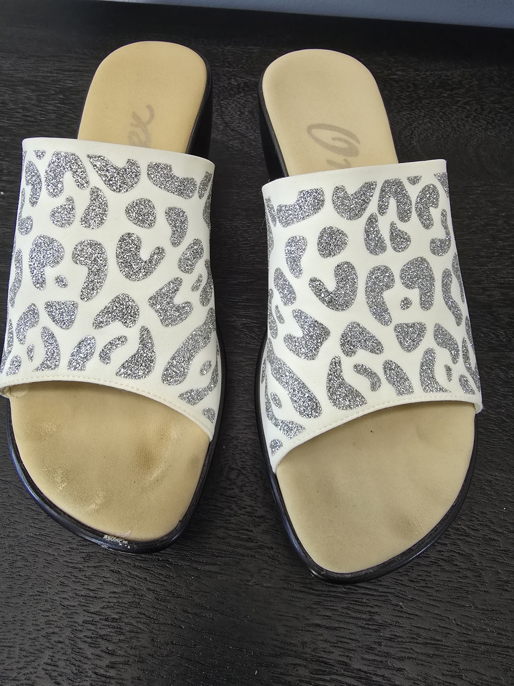 Onex White Slide Mules with Silver Glitter Leopard Print